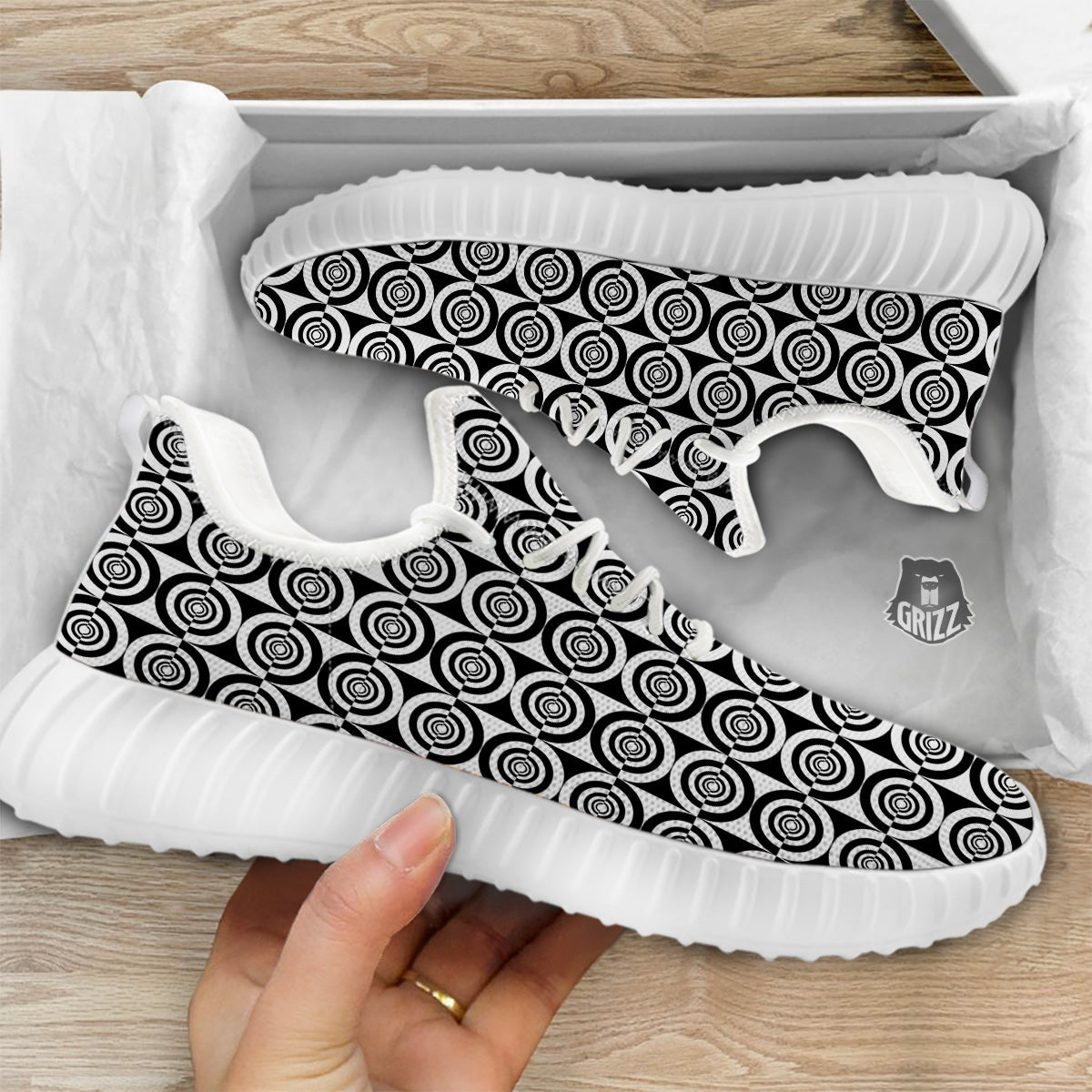 White And Black Target Board Print Pattern White Walking Shoes-grizzshop