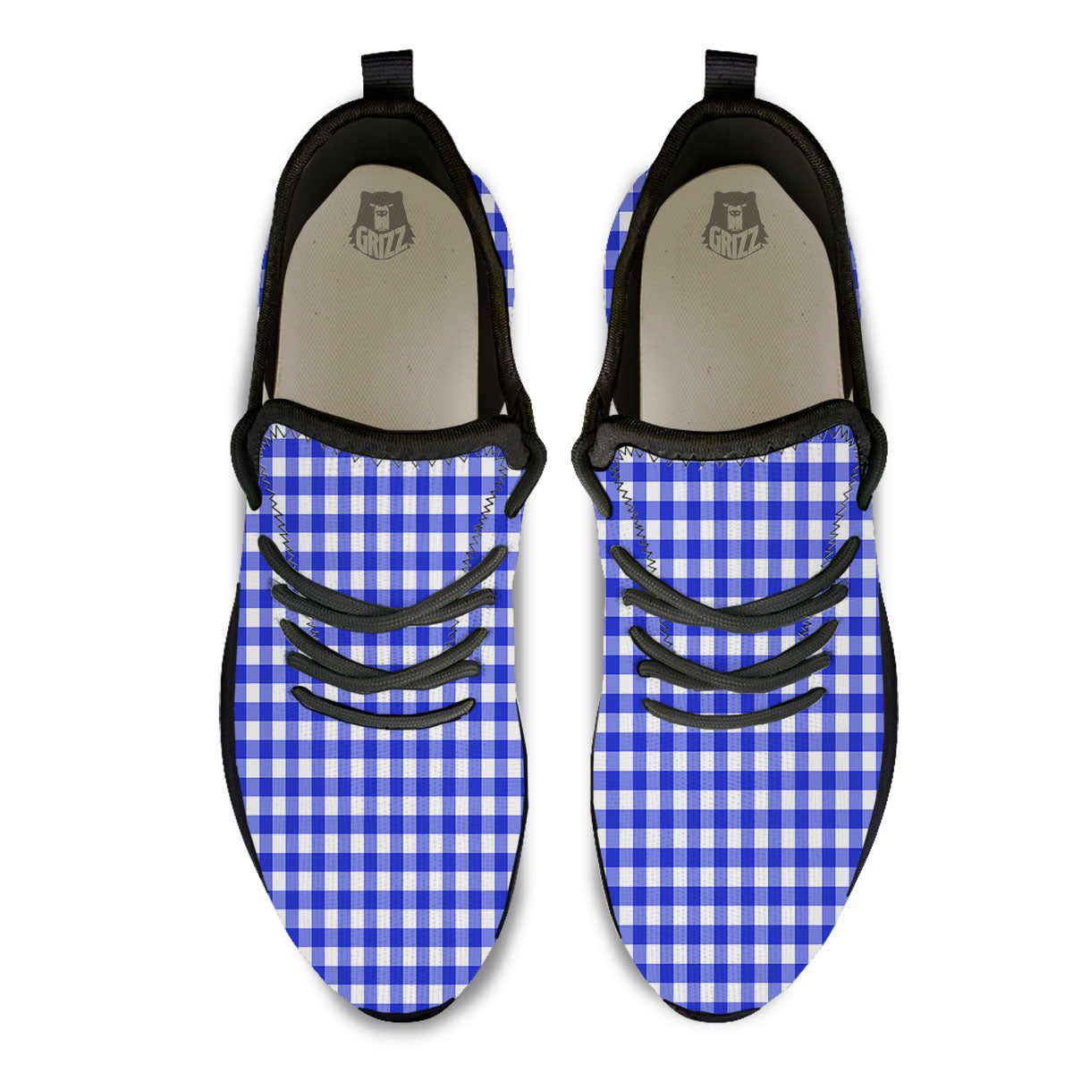 White And Blue Check Print Pattern Black Athletic Shoes-grizzshop