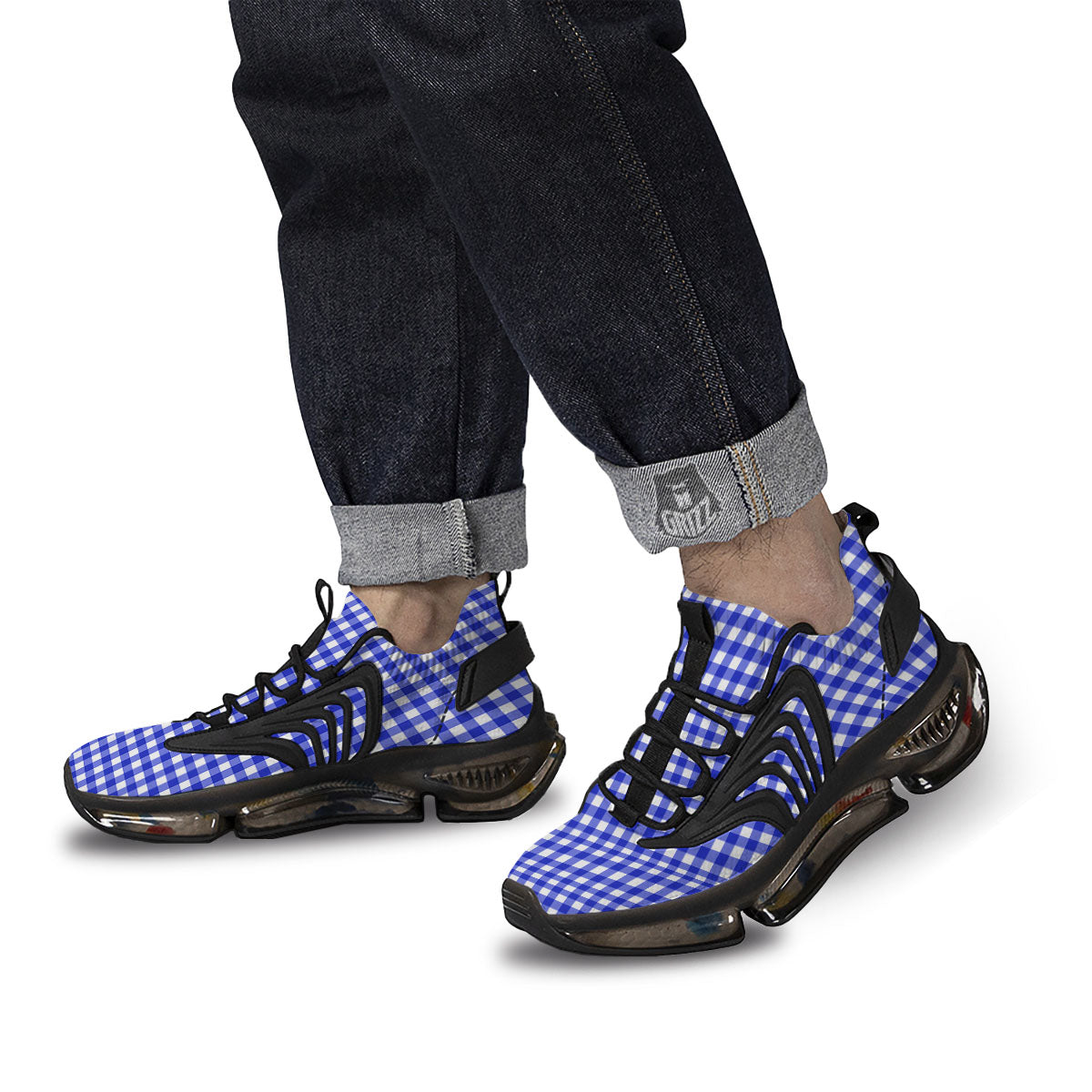 White And Blue Check Print Pattern Black Gym Shoes-grizzshop