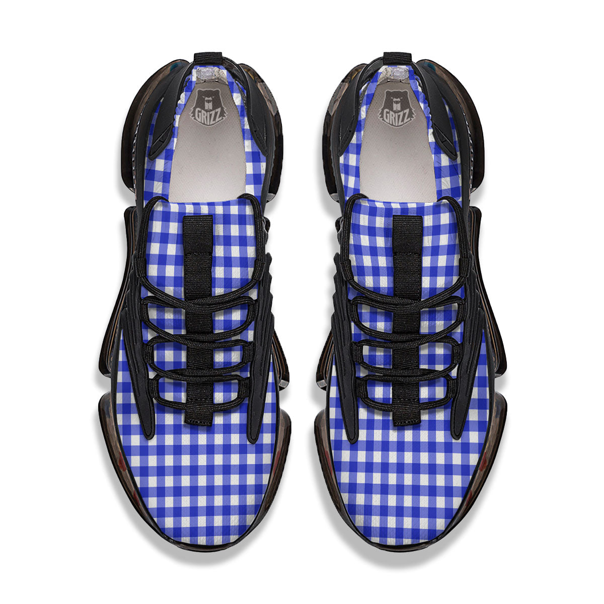 White And Blue Check Print Pattern Black Gym Shoes-grizzshop