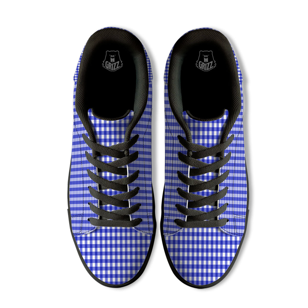 White And Blue Check Print Pattern Black Low Top Sneakers-grizzshop