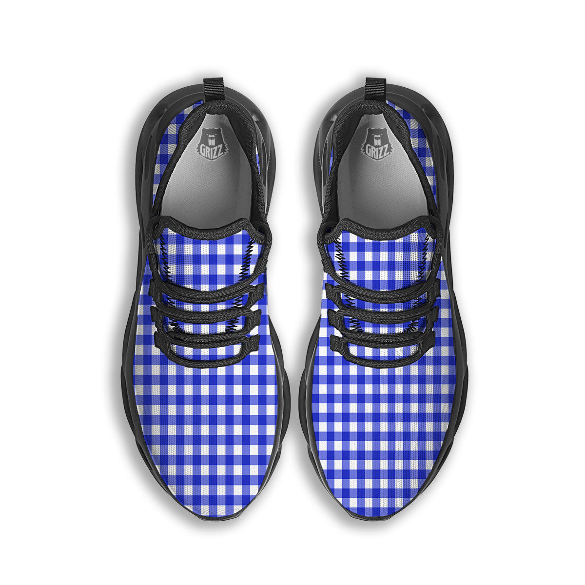 White And Blue Check Print Pattern Black Running Shoes-grizzshop