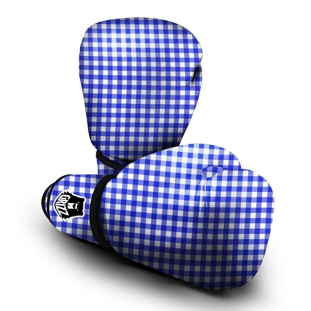 White And Blue Check Print Pattern Boxing Gloves-grizzshop