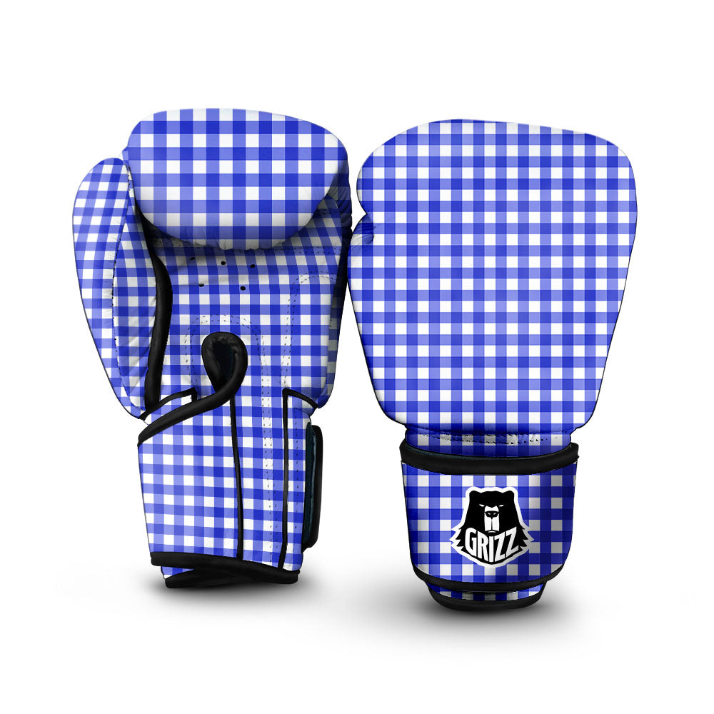 White And Blue Check Print Pattern Boxing Gloves-grizzshop