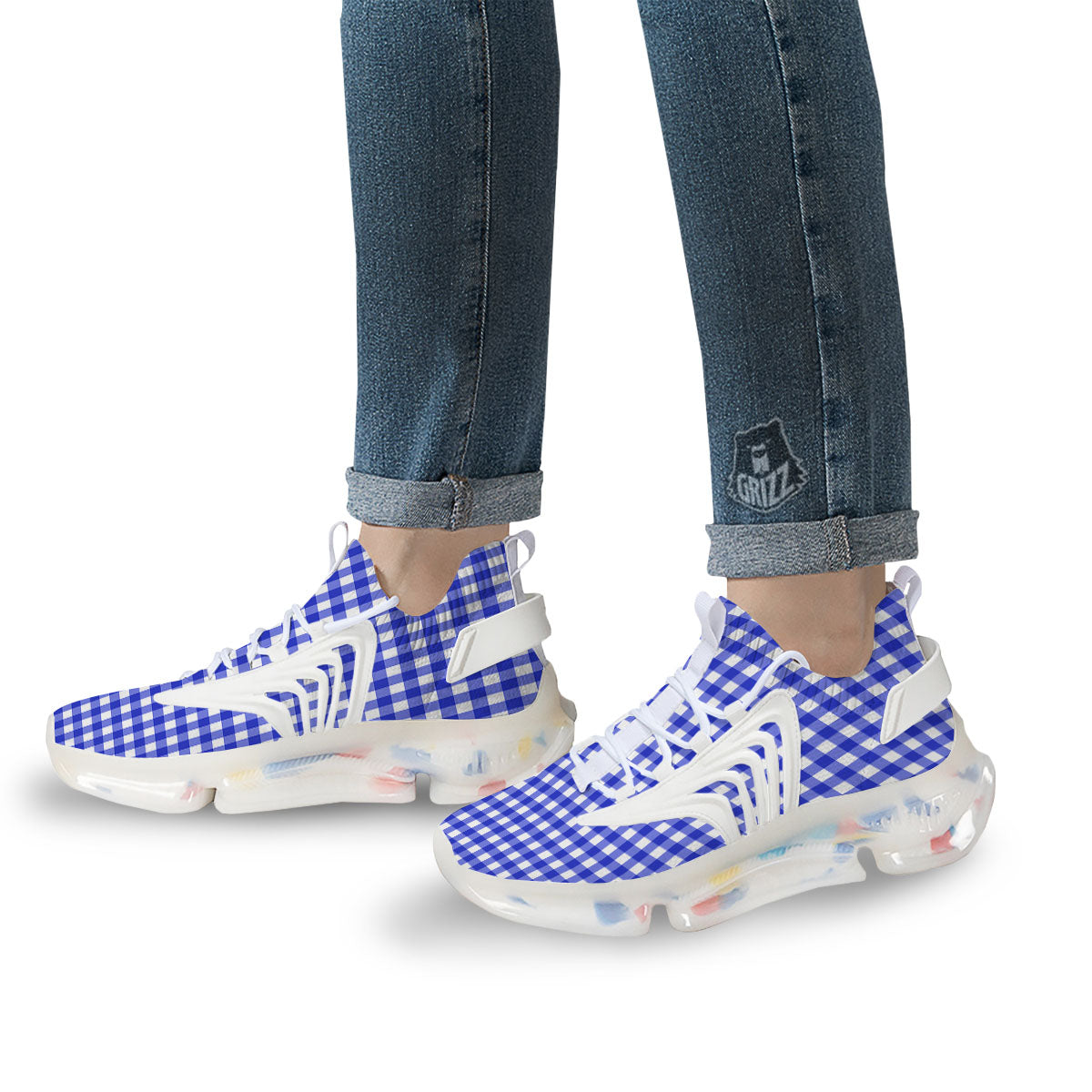 White And Blue Check Print Pattern White Gym Shoes-grizzshop