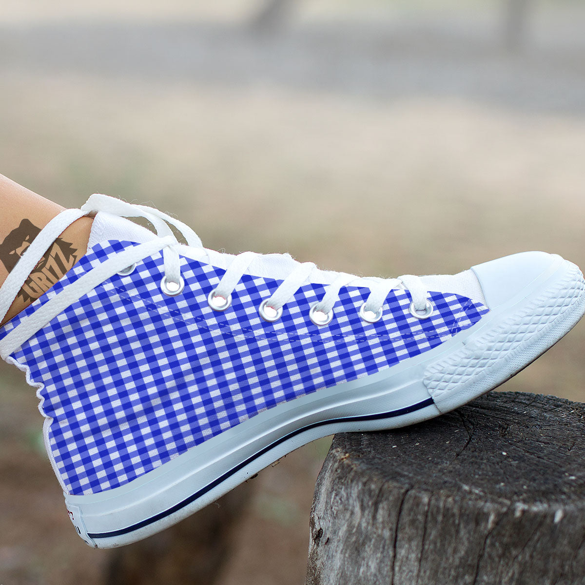 White And Blue Check Print Pattern White High Top Shoes-grizzshop