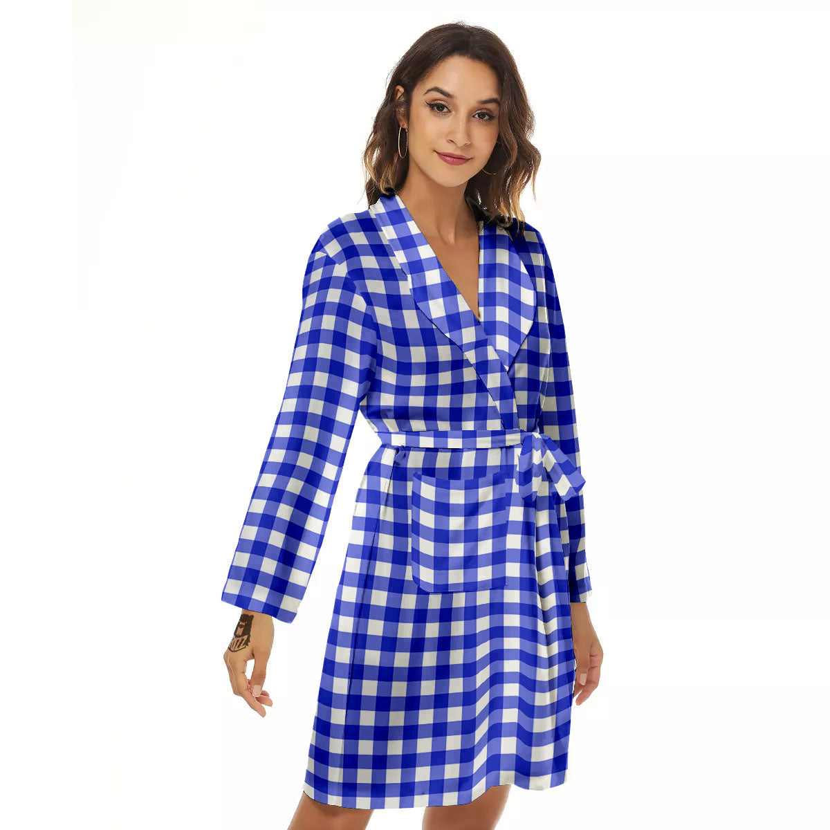 White And Blue Check Print Pattern Women's Robe-grizzshop