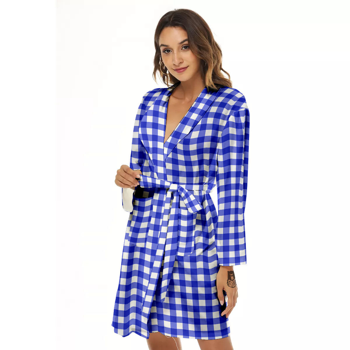 White And Blue Check Print Pattern Women's Robe-grizzshop