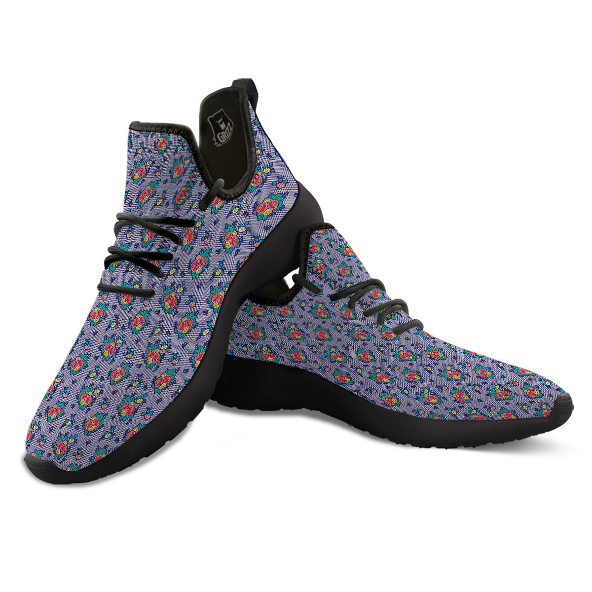 White And Blue Floral Glen Plaid Print Black Athletic Shoes-grizzshop