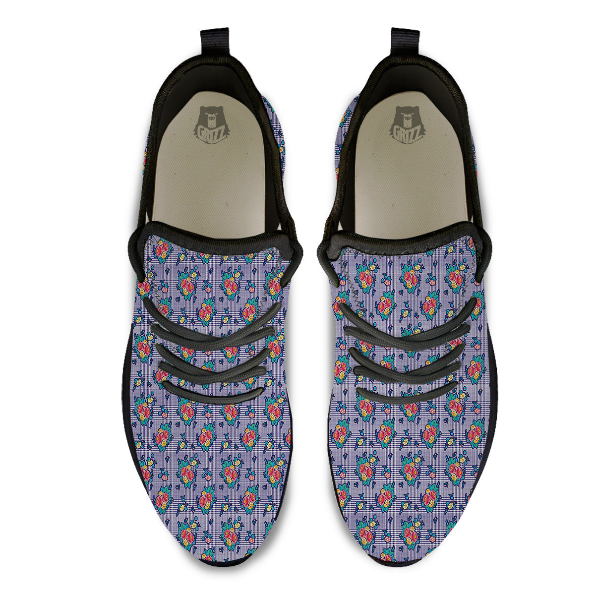 White And Blue Floral Glen Plaid Print Black Athletic Shoes-grizzshop