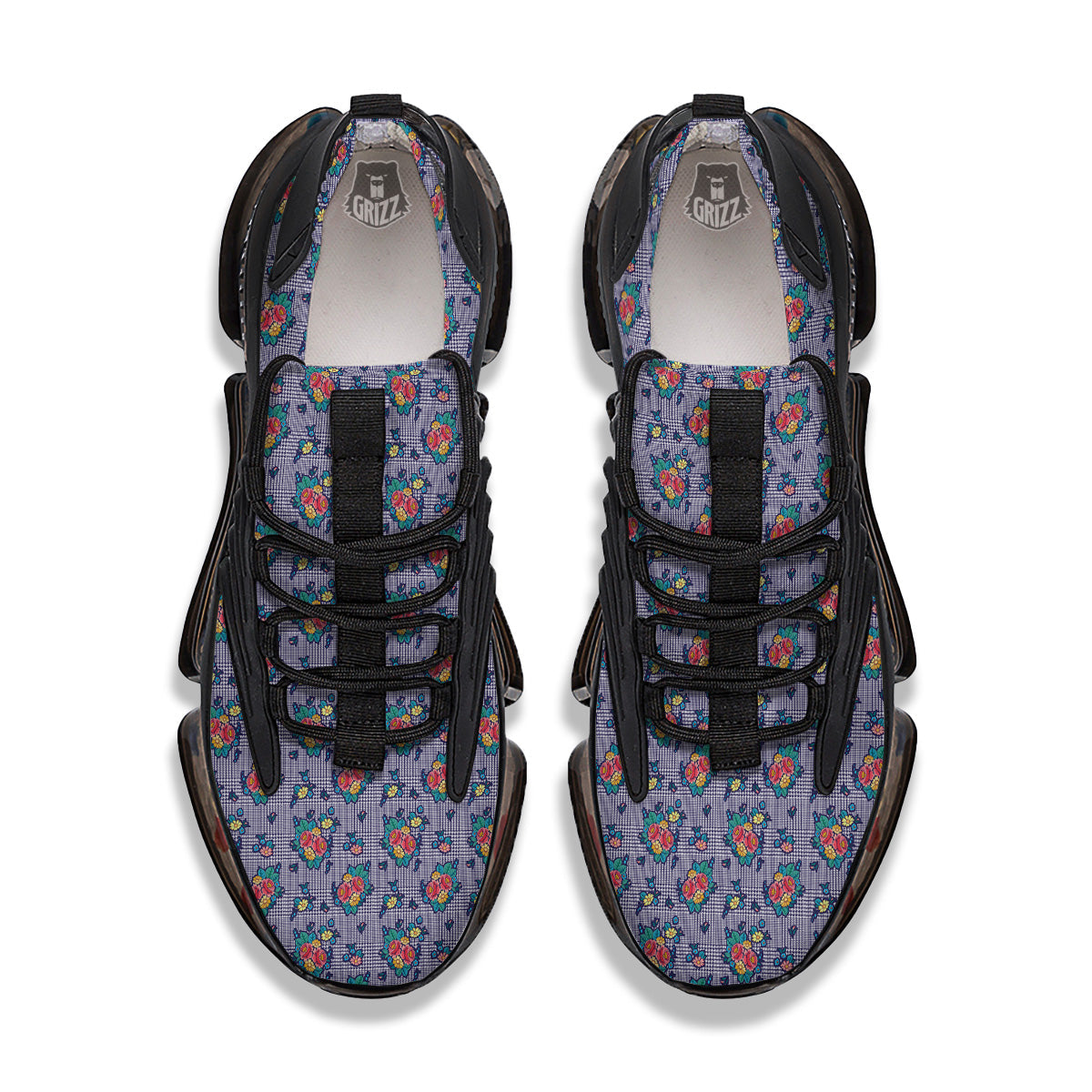White And Blue Floral Glen Plaid Print Black Gym Shoes-grizzshop