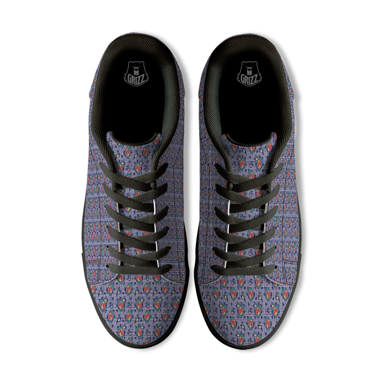 White And Blue Floral Glen Plaid Print Black Low Top Sneakers-grizzshop