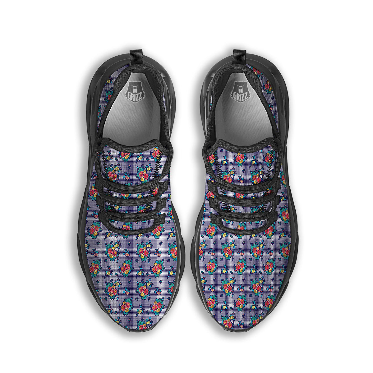 White And Blue Floral Glen Plaid Print Black Running Shoes-grizzshop