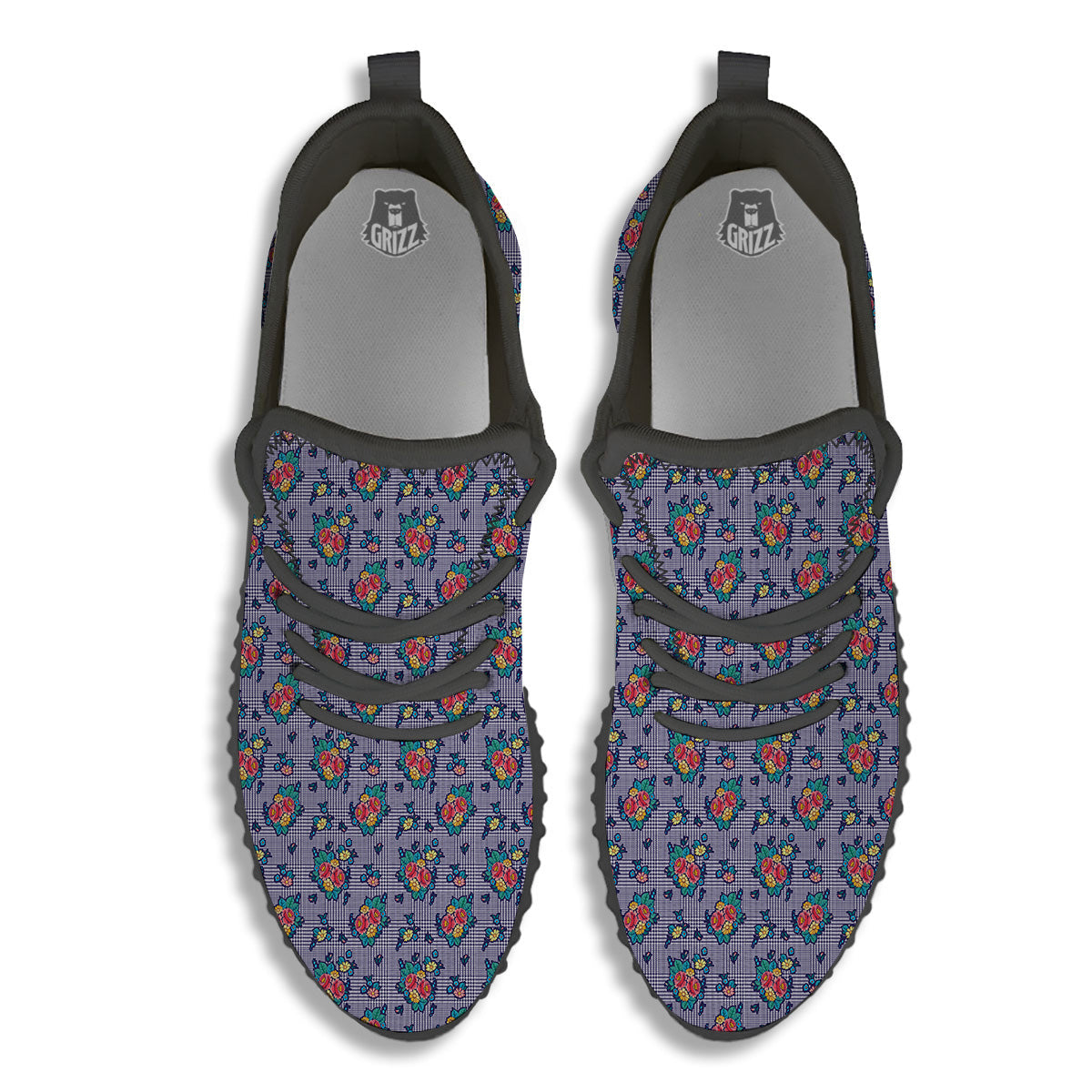 White And Blue Floral Glen Plaid Print Black Walking Shoes-grizzshop