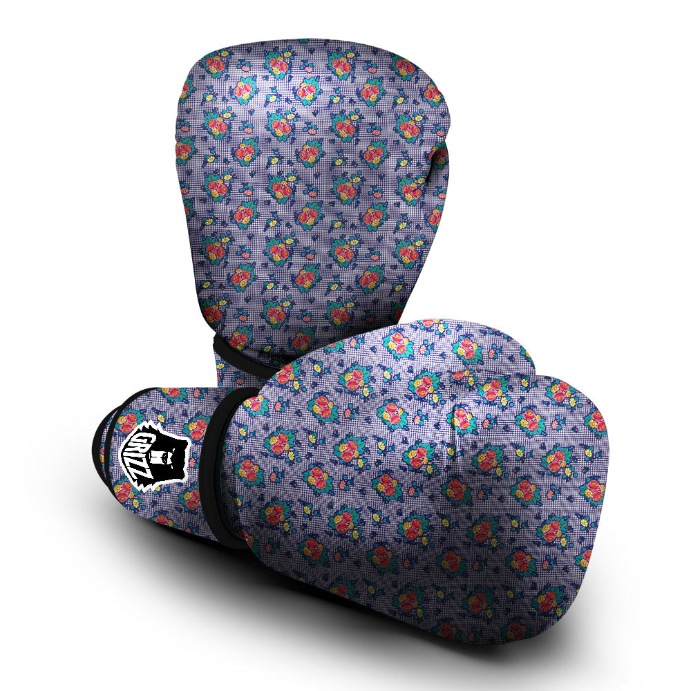 White And Blue Floral Glen Plaid Print Boxing Gloves-grizzshop