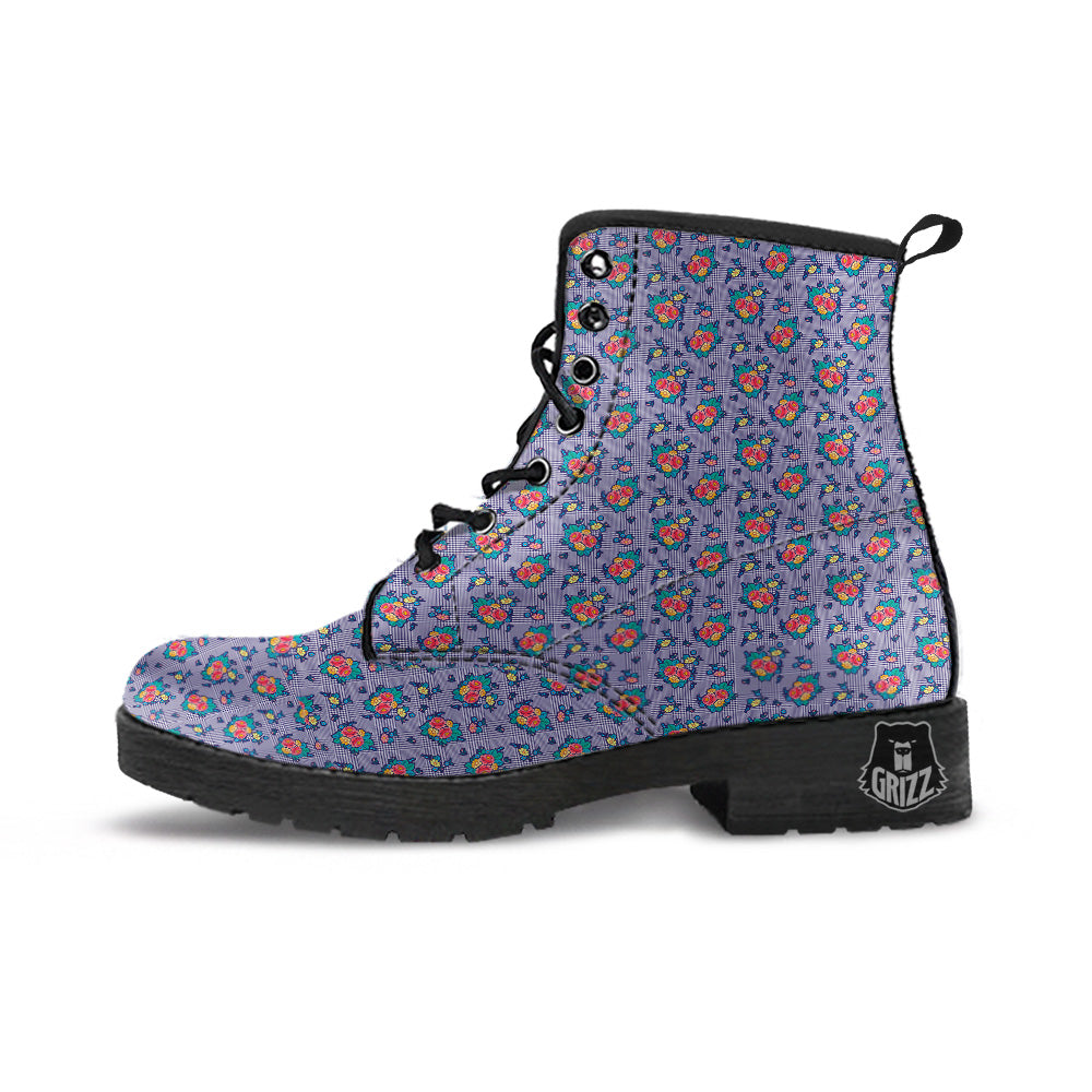 White And Blue Floral Glen Plaid Print Leather Boots-grizzshop