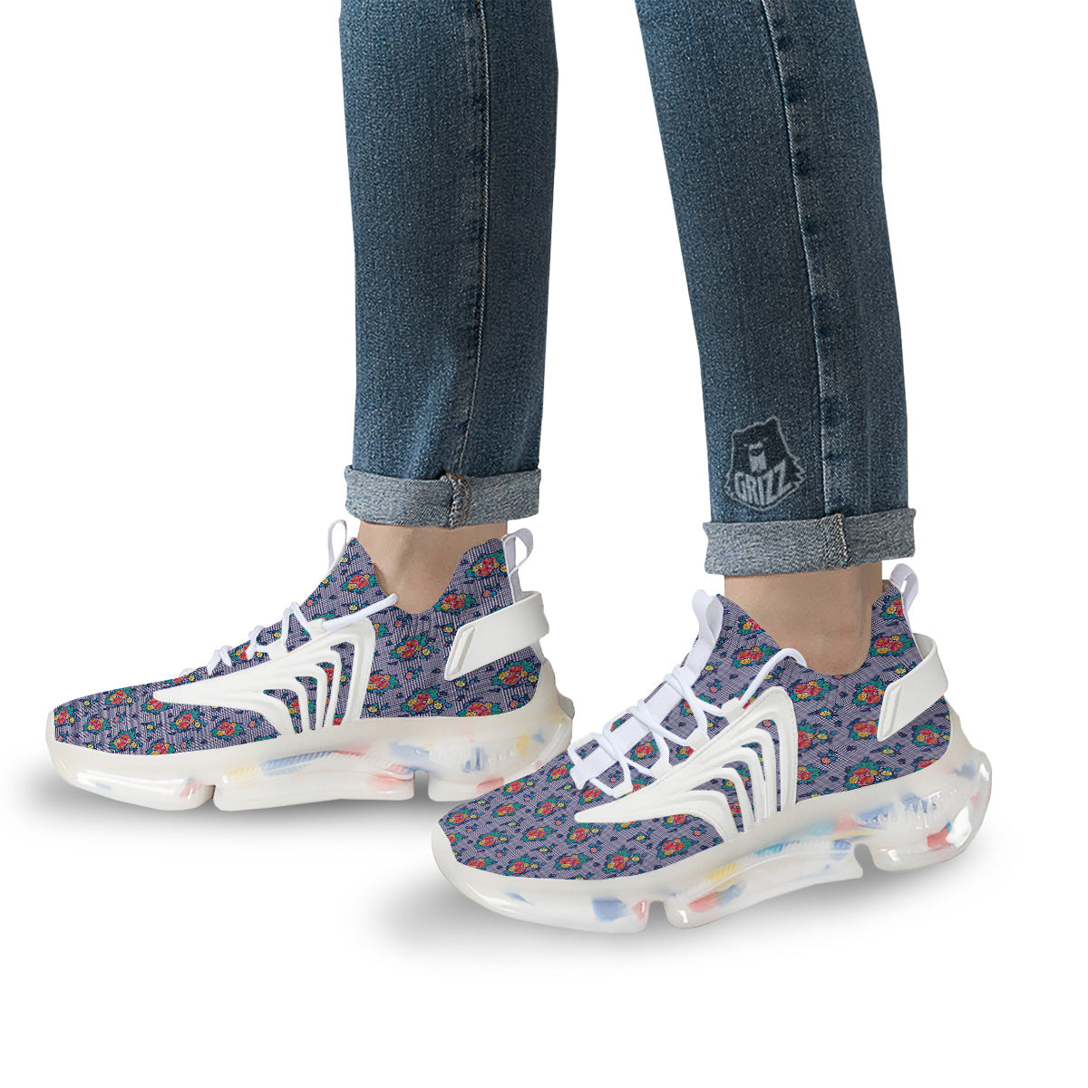 White And Blue Floral Glen Plaid Print White Gym Shoes-grizzshop