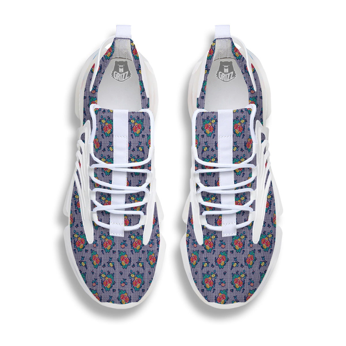 White And Blue Floral Glen Plaid Print White Gym Shoes-grizzshop