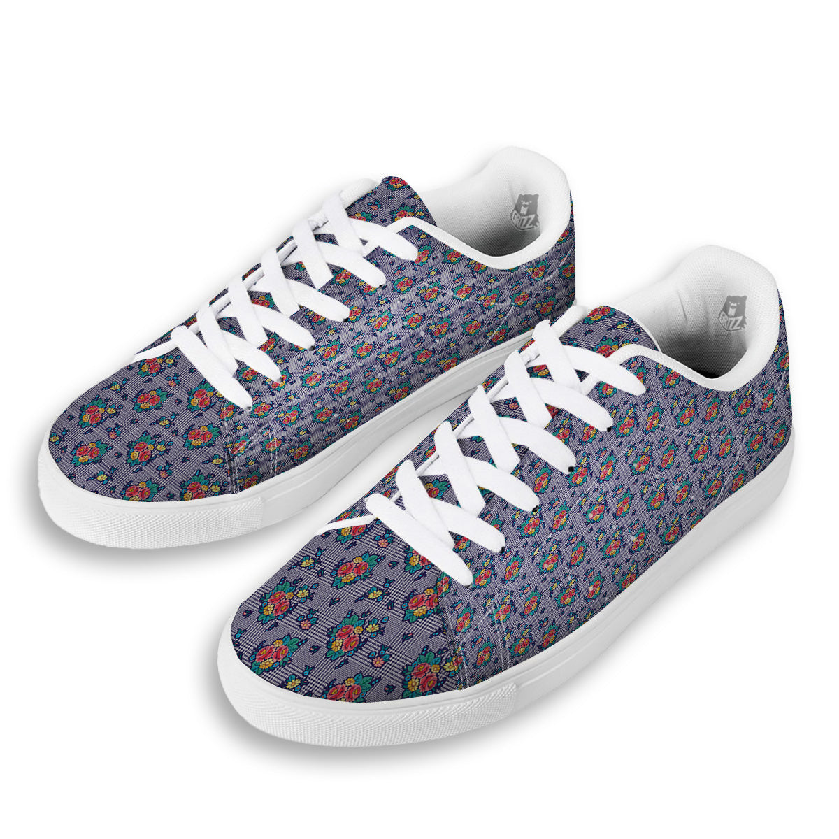 White And Blue Floral Glen Plaid Print White Low Top Sneakers-grizzshop