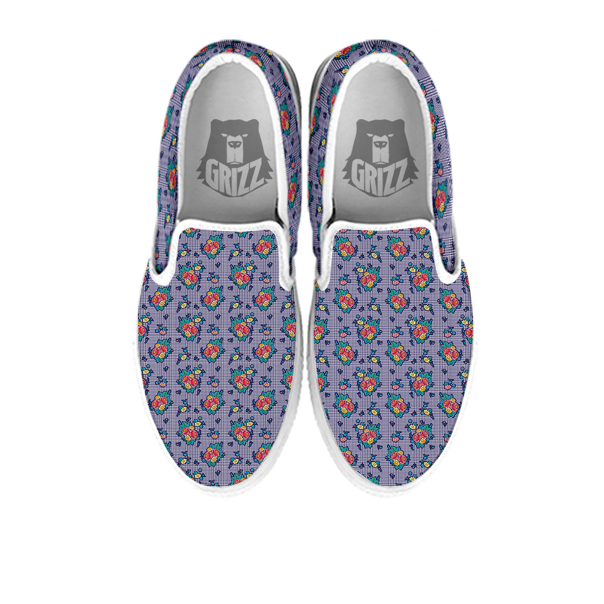 White And Blue Floral Glen Plaid Print White Slip On Shoes-grizzshop
