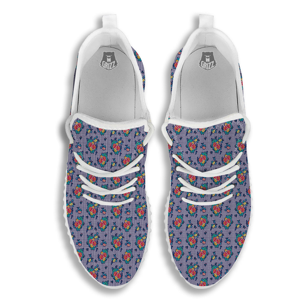 White And Blue Floral Glen Plaid Print White Walking Shoes-grizzshop