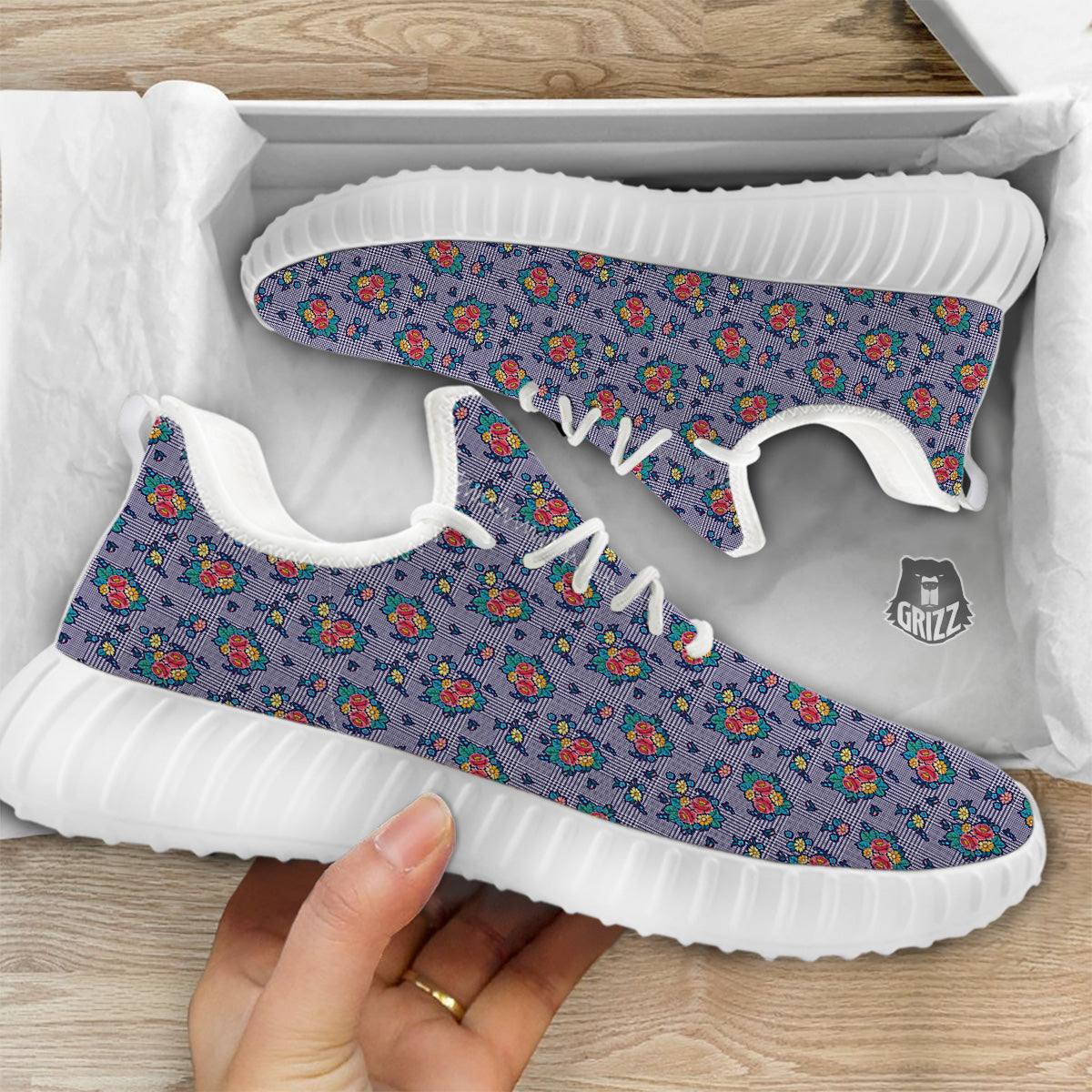 White And Blue Floral Glen Plaid Print White Walking Shoes-grizzshop