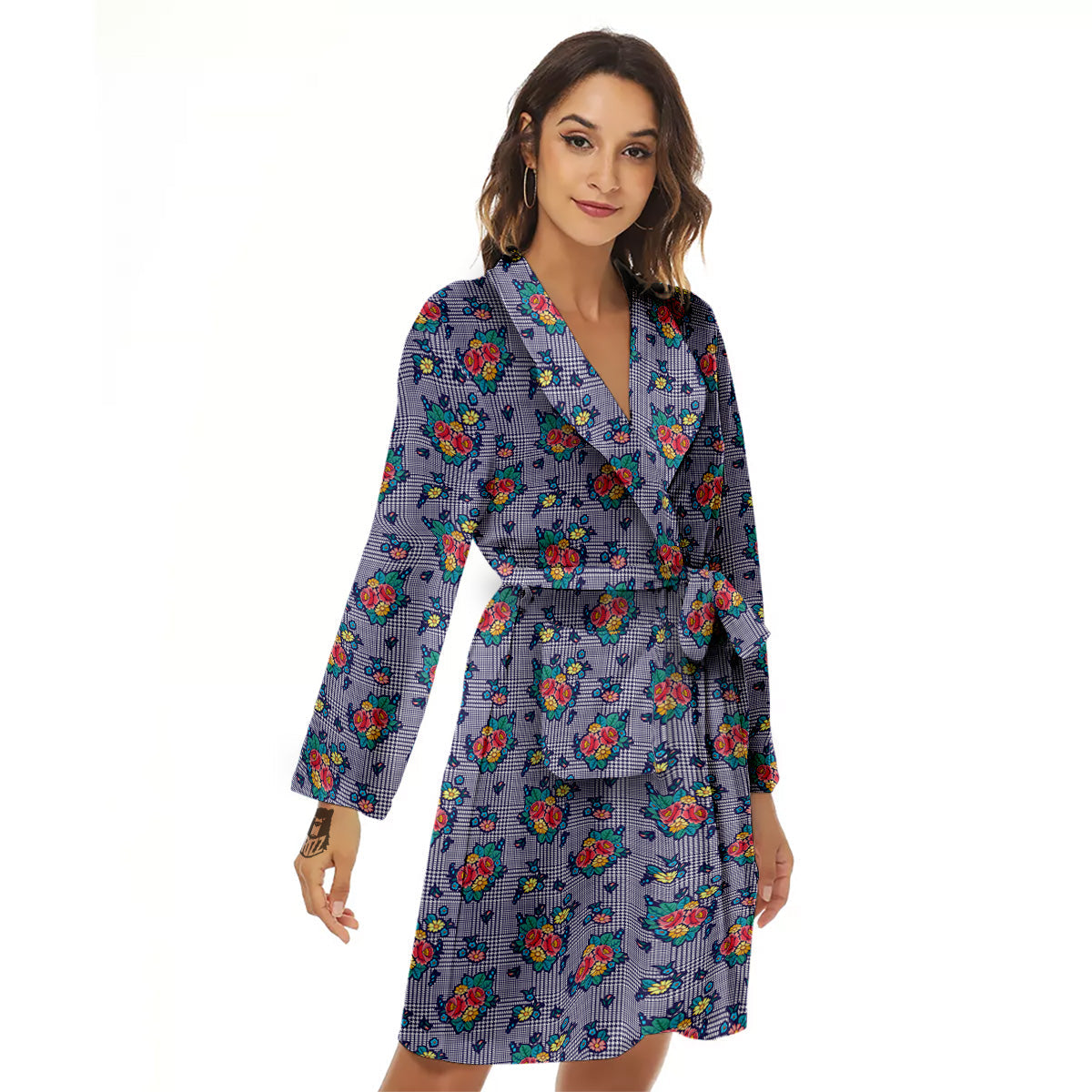 White And Blue Floral Glen Plaid Print Women's Robe-grizzshop