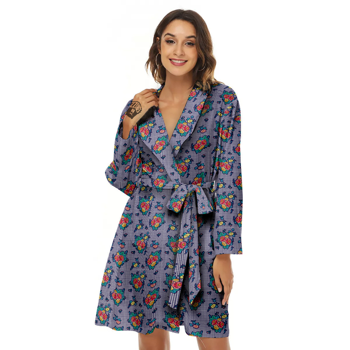 White And Blue Floral Glen Plaid Print Women's Robe-grizzshop