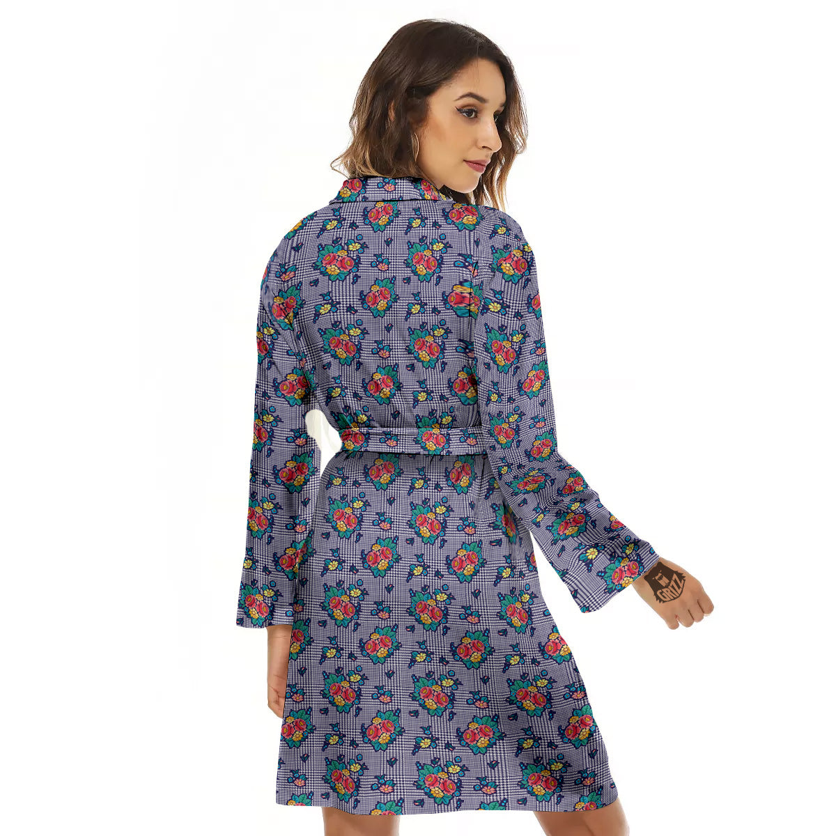 White And Blue Floral Glen Plaid Print Women's Robe-grizzshop