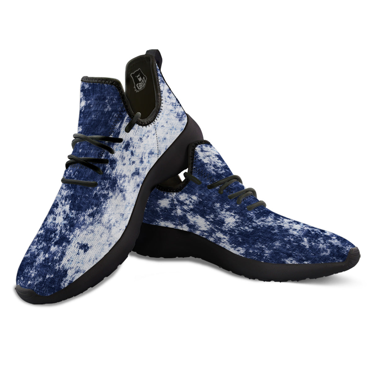 White And Blue Tie Dye Acid Wash Print Black Athletic Shoes-grizzshop