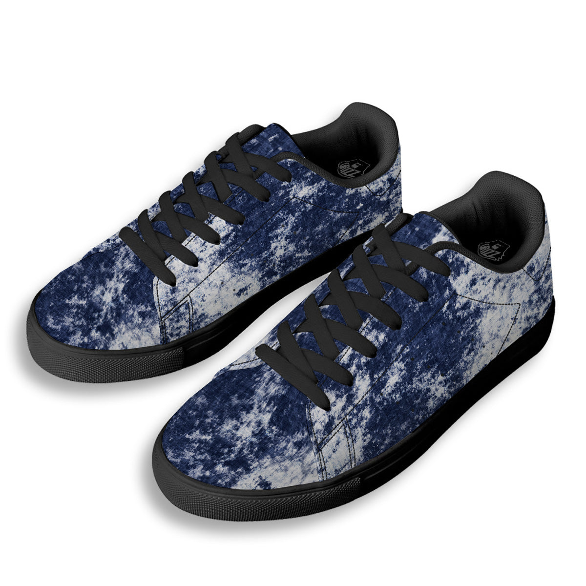 White And Blue Tie Dye Acid Wash Print Black Low Top Sneakers-grizzshop