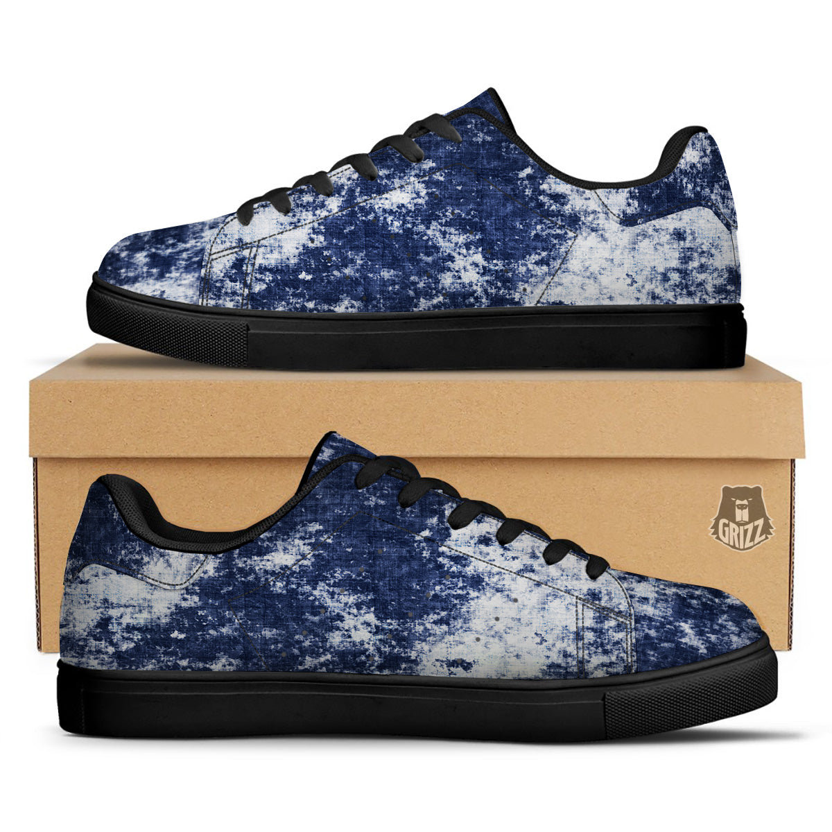 White And Blue Tie Dye Acid Wash Print Black Low Top Sneakers-grizzshop