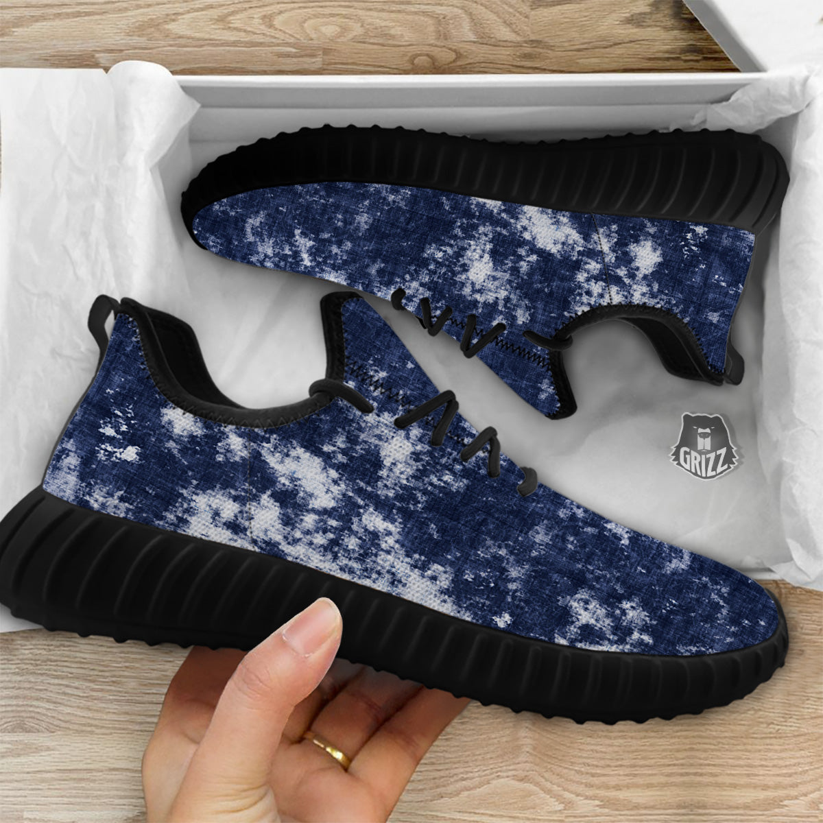 White And Blue Tie Dye Acid Wash Print Black Walking Shoes-grizzshop