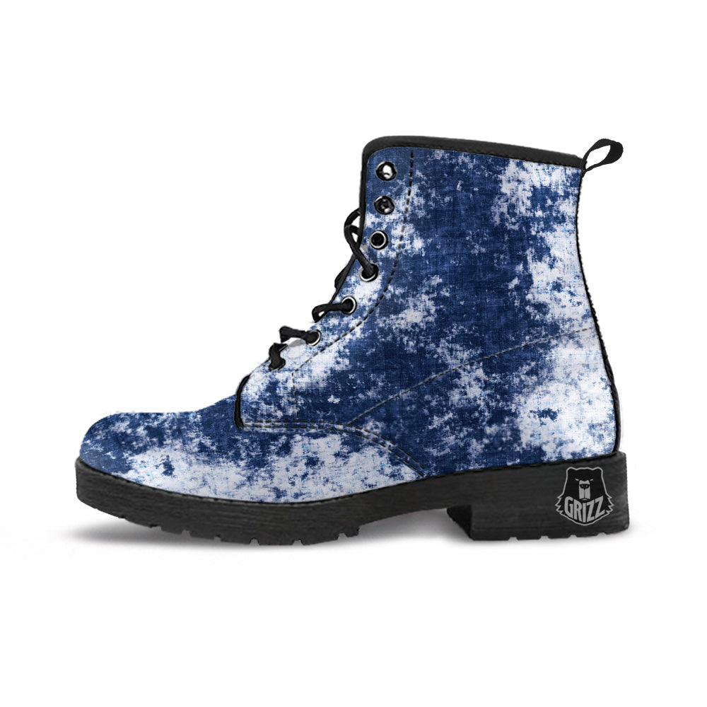 White And Blue Tie Dye Acid Wash Print Leather Boots-grizzshop