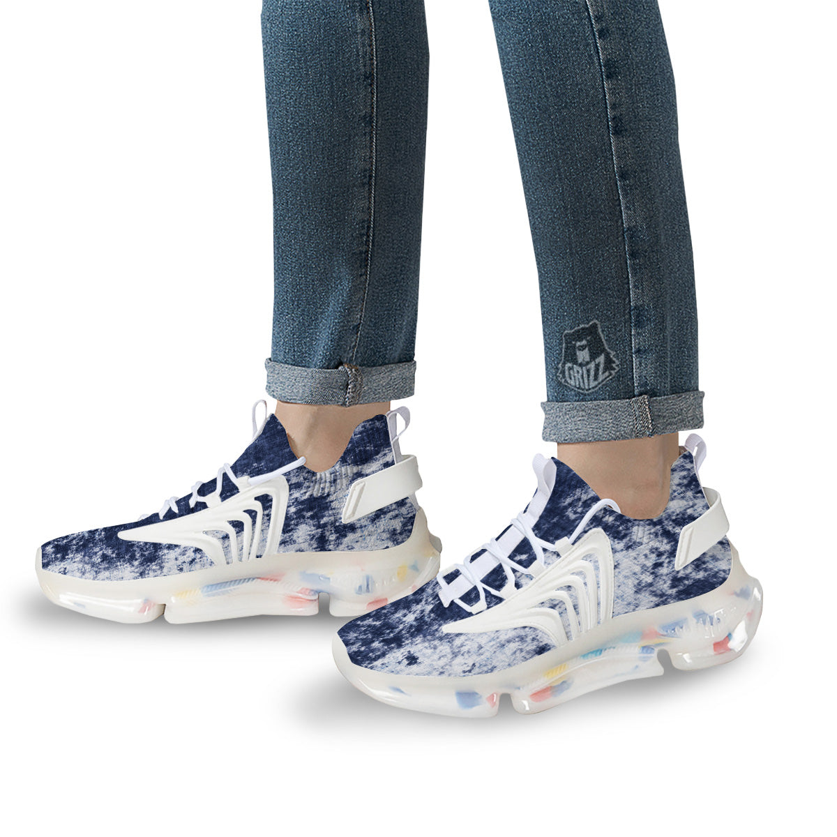 White And Blue Tie Dye Acid Wash Print White Gym Shoes-grizzshop