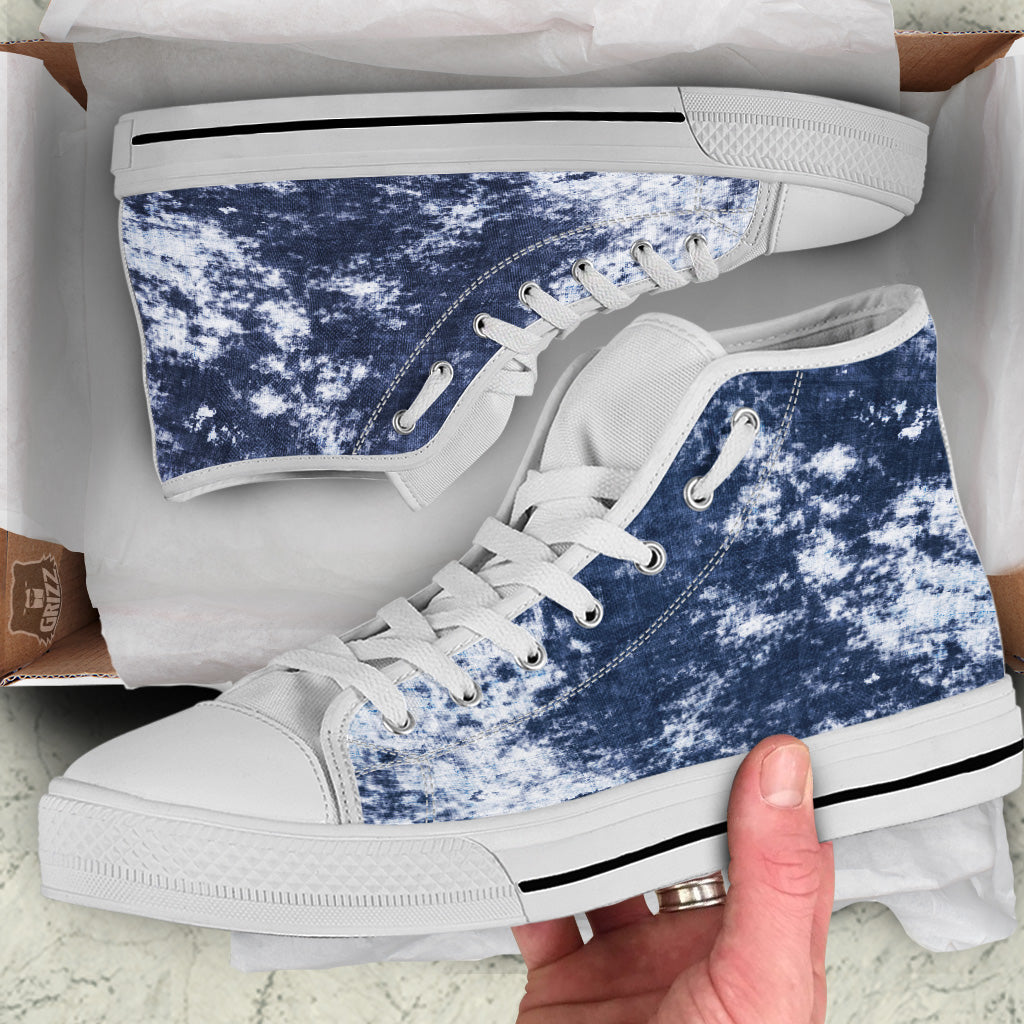 White And Blue Tie Dye Acid Wash Print White High Top Shoes-grizzshop