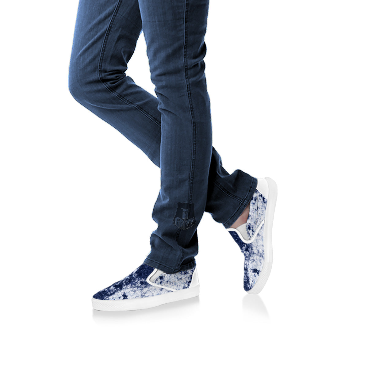 White And Blue Tie Dye Acid Wash Print White Slip On Shoes-grizzshop