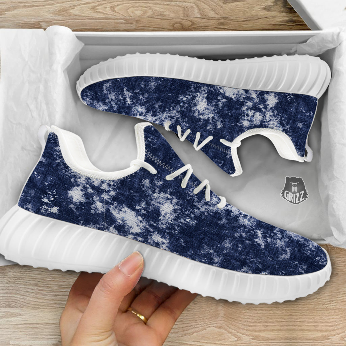 White And Blue Tie Dye Acid Wash Print White Walking Shoes-grizzshop
