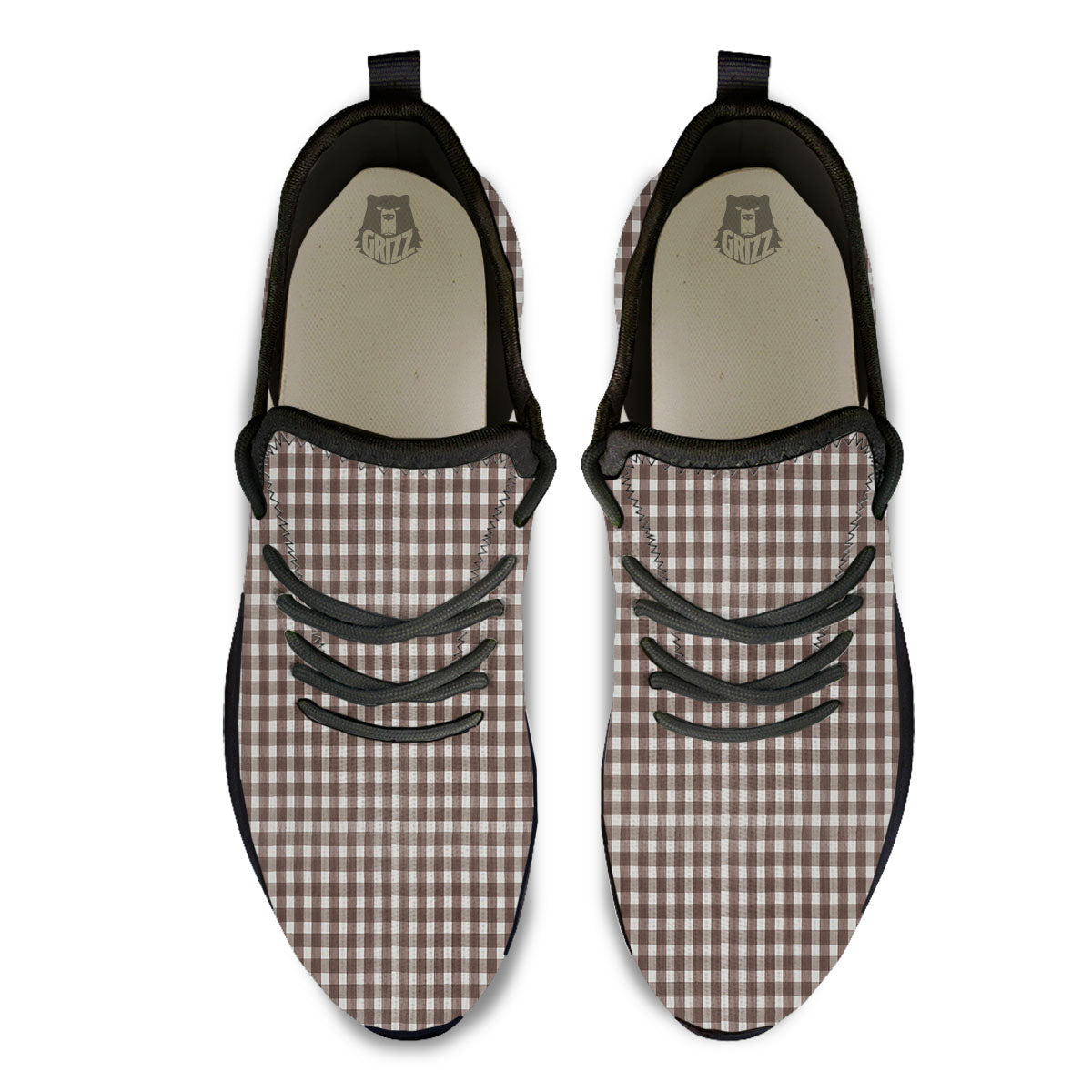 White And Brown Doodle Check Print Pattern Black Athletic Shoes-grizzshop