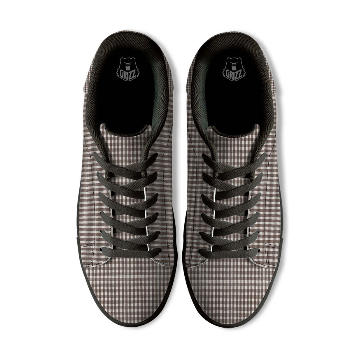 White And Brown Doodle Check Print Pattern Black Low Top Sneakers-grizzshop