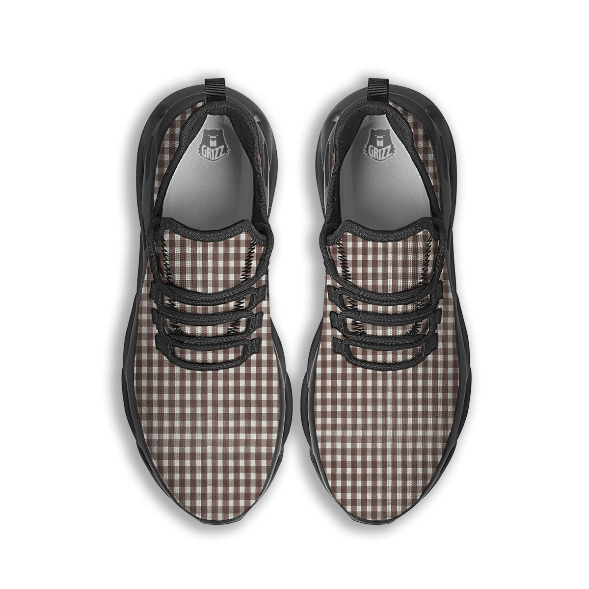 White And Brown Doodle Check Print Pattern Black Running Shoes-grizzshop
