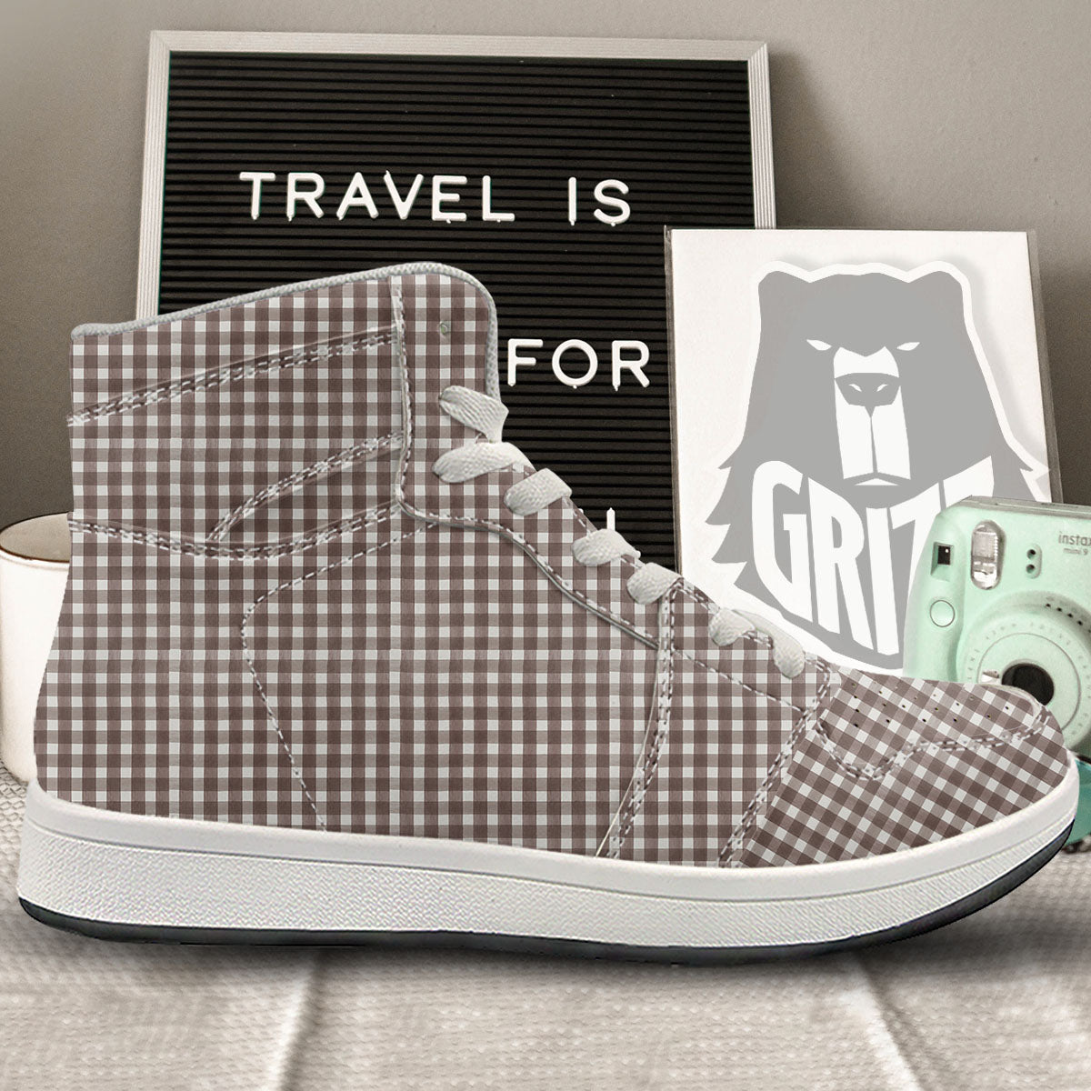 White And Brown Doodle Check Print Pattern High Top Sneakers-grizzshop