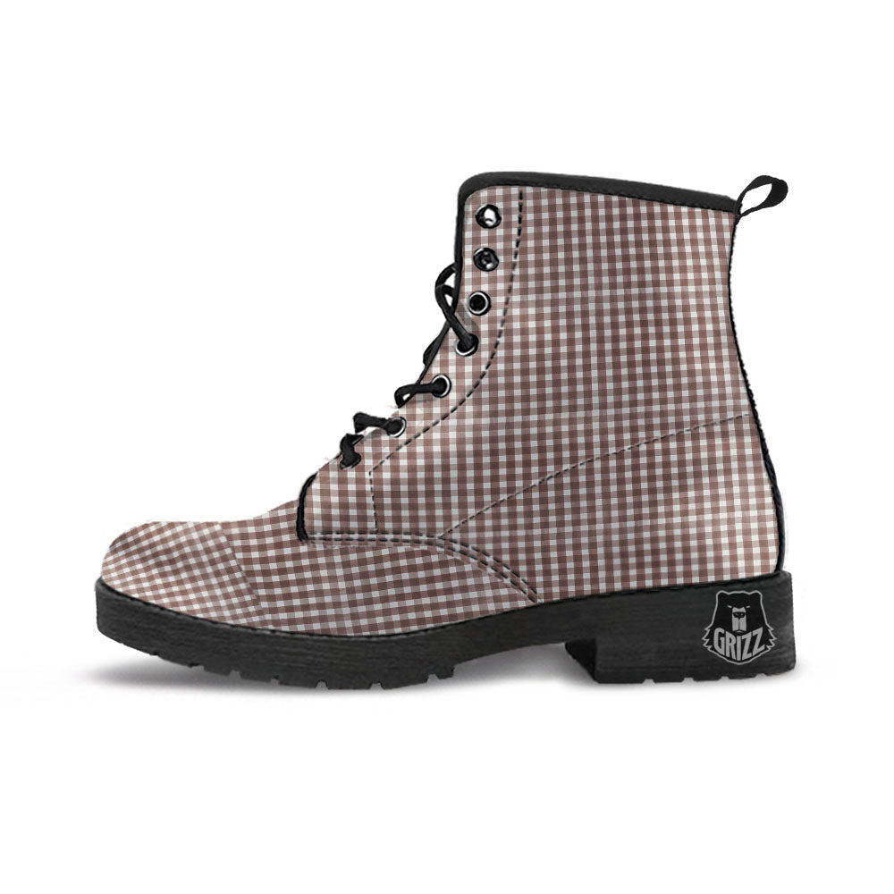 White And Brown Doodle Check Print Pattern Leather Boots-grizzshop