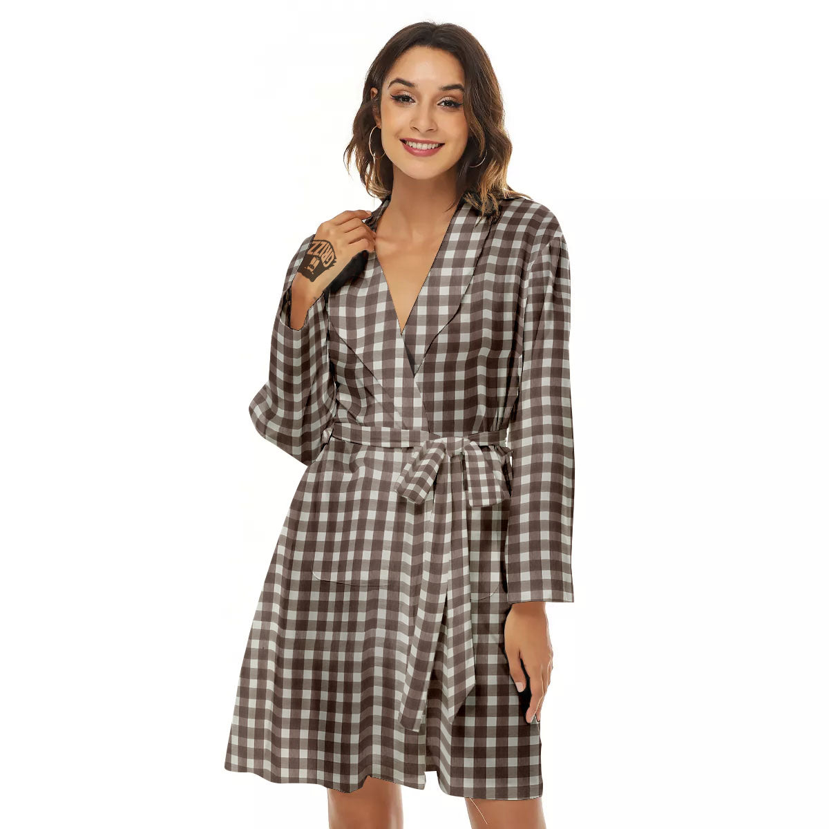 White And Brown Doodle Check Print Pattern Women's Robe-grizzshop