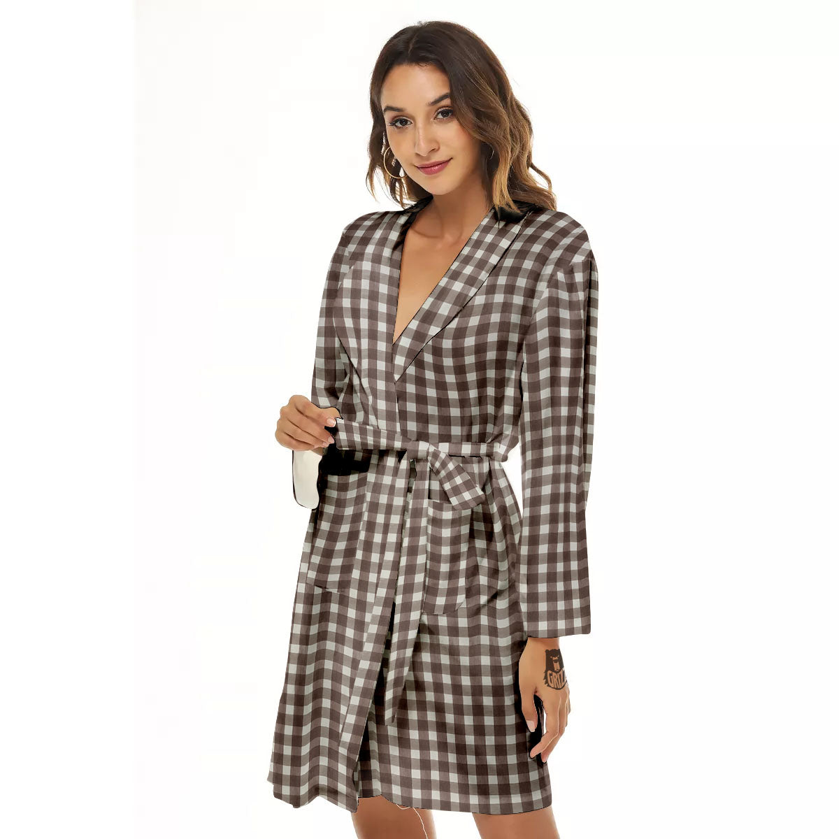 White And Brown Doodle Check Print Pattern Women's Robe-grizzshop
