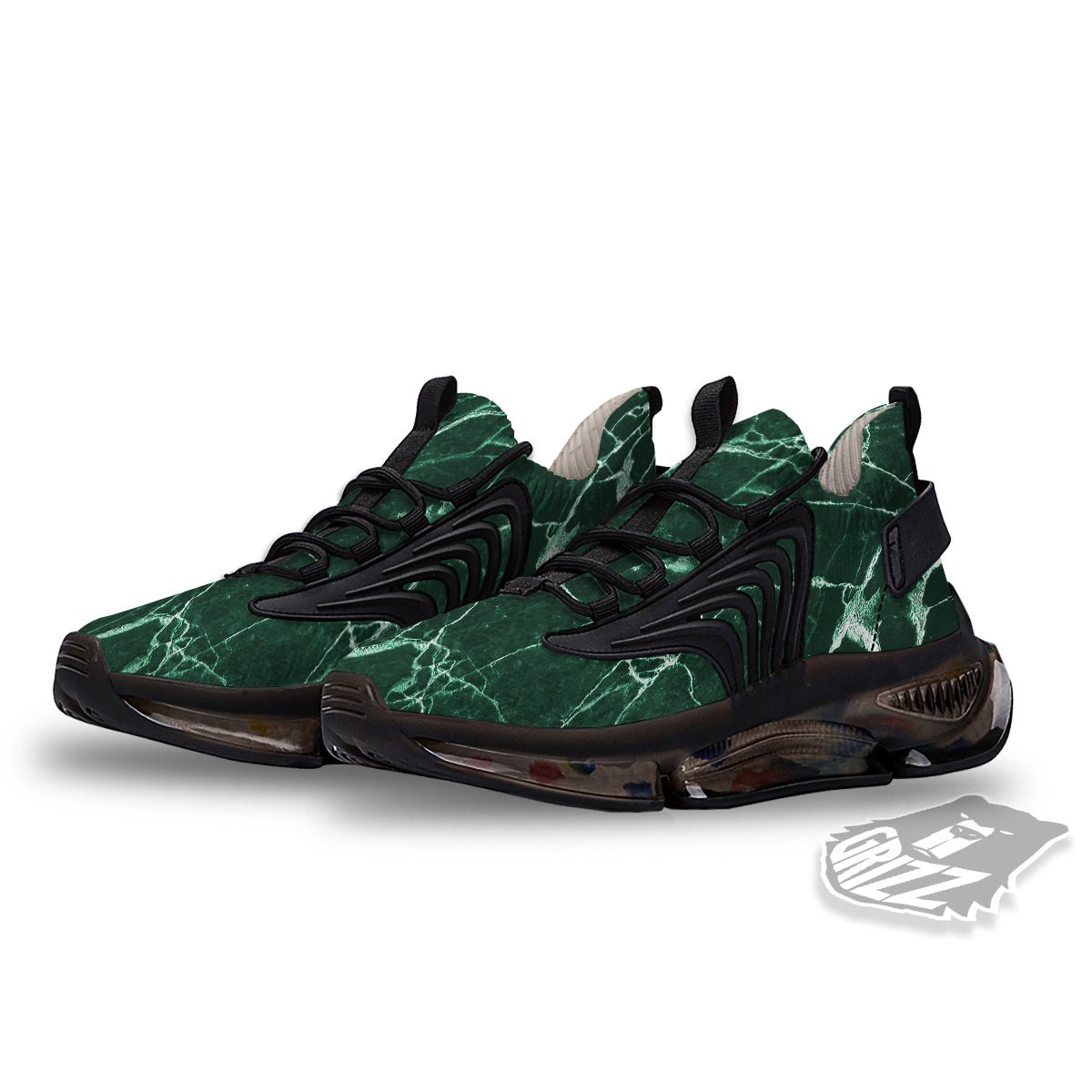 White And Dark Green Marble Texture Print Black Gym Shoes-grizzshop