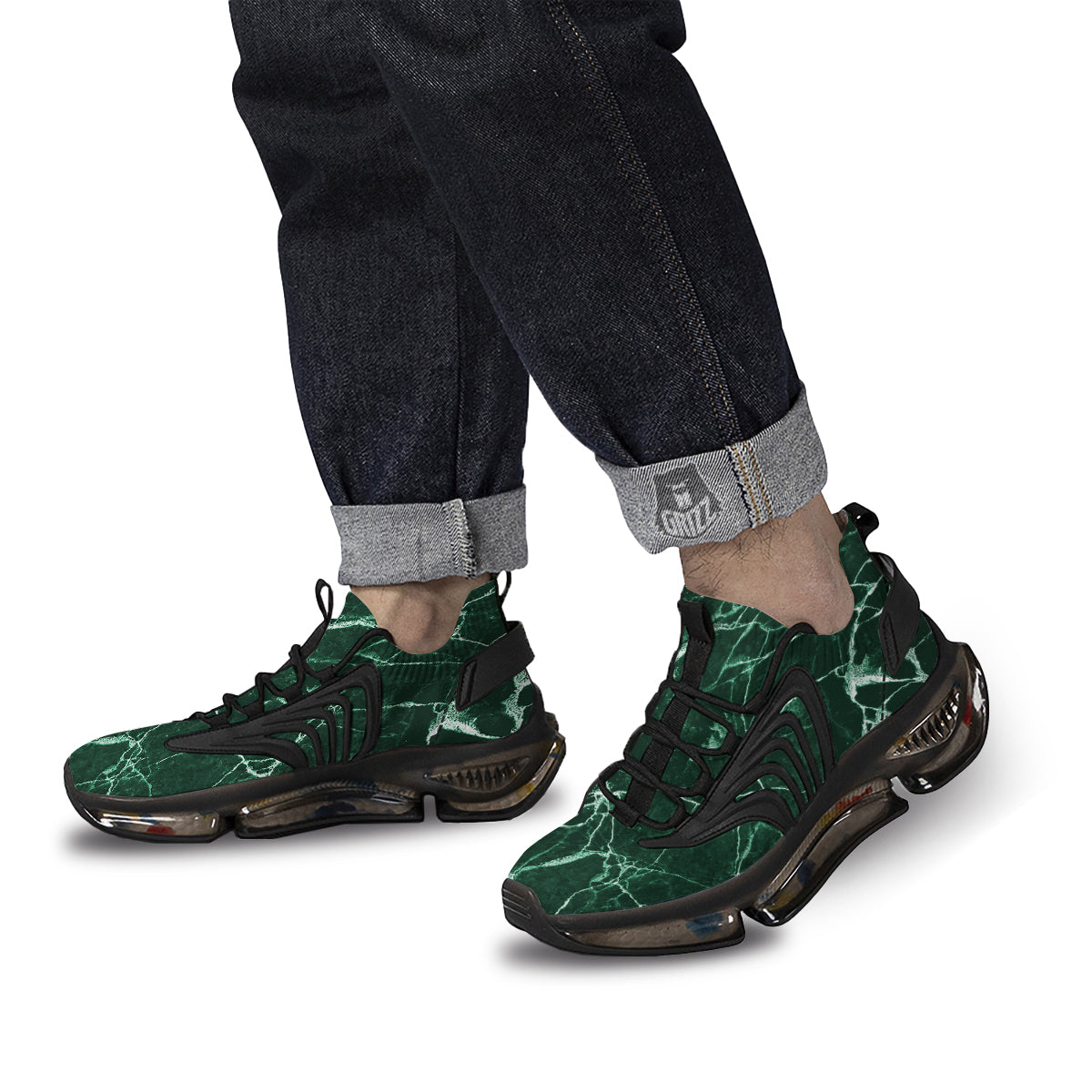 White And Dark Green Marble Texture Print Black Gym Shoes-grizzshop