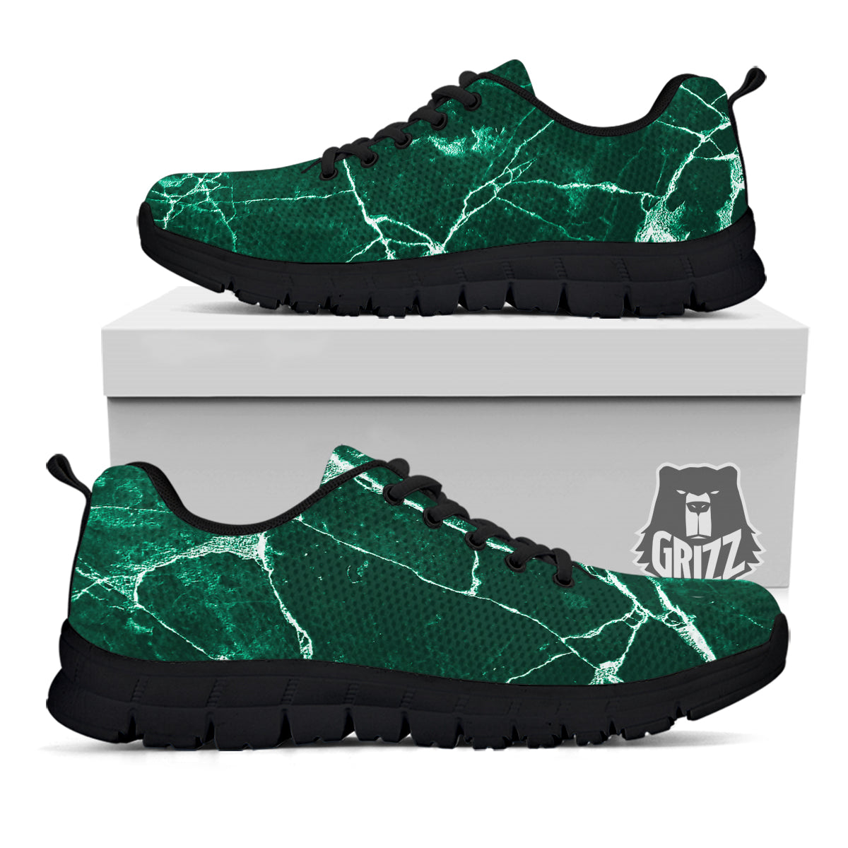 White And Dark Green Marble Texture Print Black Sneaker-grizzshop