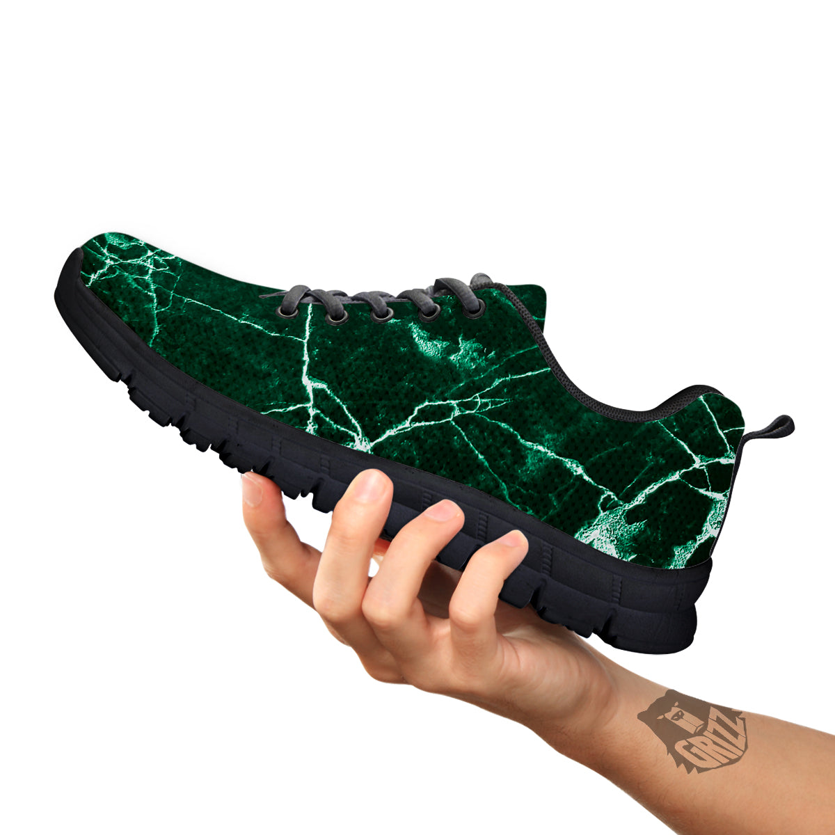 White And Dark Green Marble Texture Print Black Sneaker-grizzshop