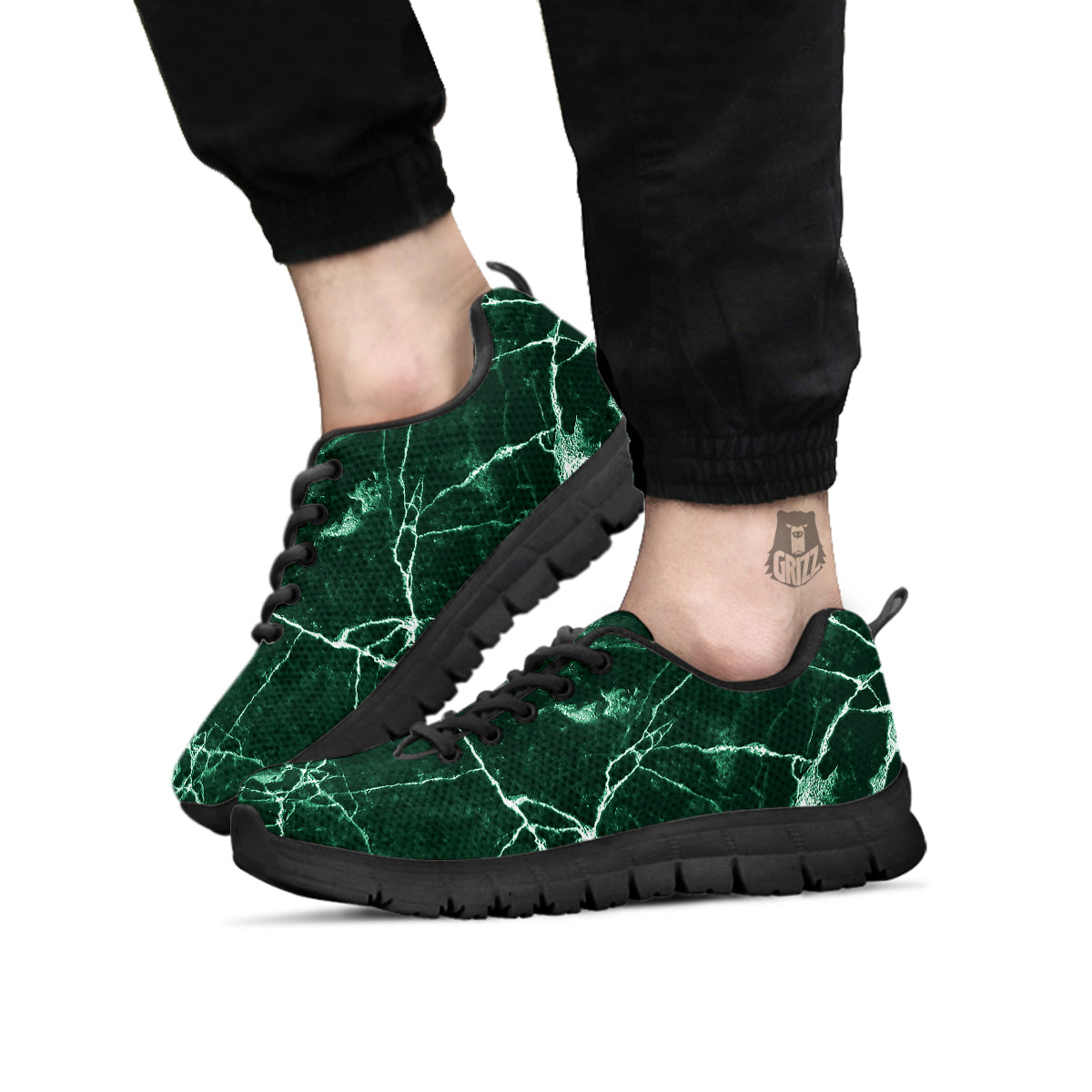 White And Dark Green Marble Texture Print Black Sneaker-grizzshop